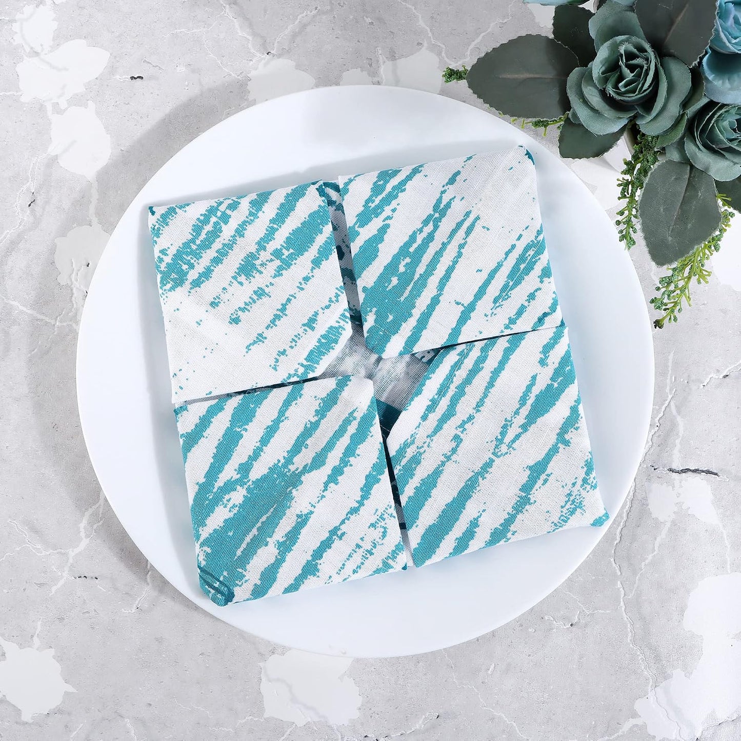 FINGERCRAFT Cloth Napkins Set of 12 Cotton Linen, 20x20 Inch, Shibori Teal | Mitered corner, washable, soft, absorbent