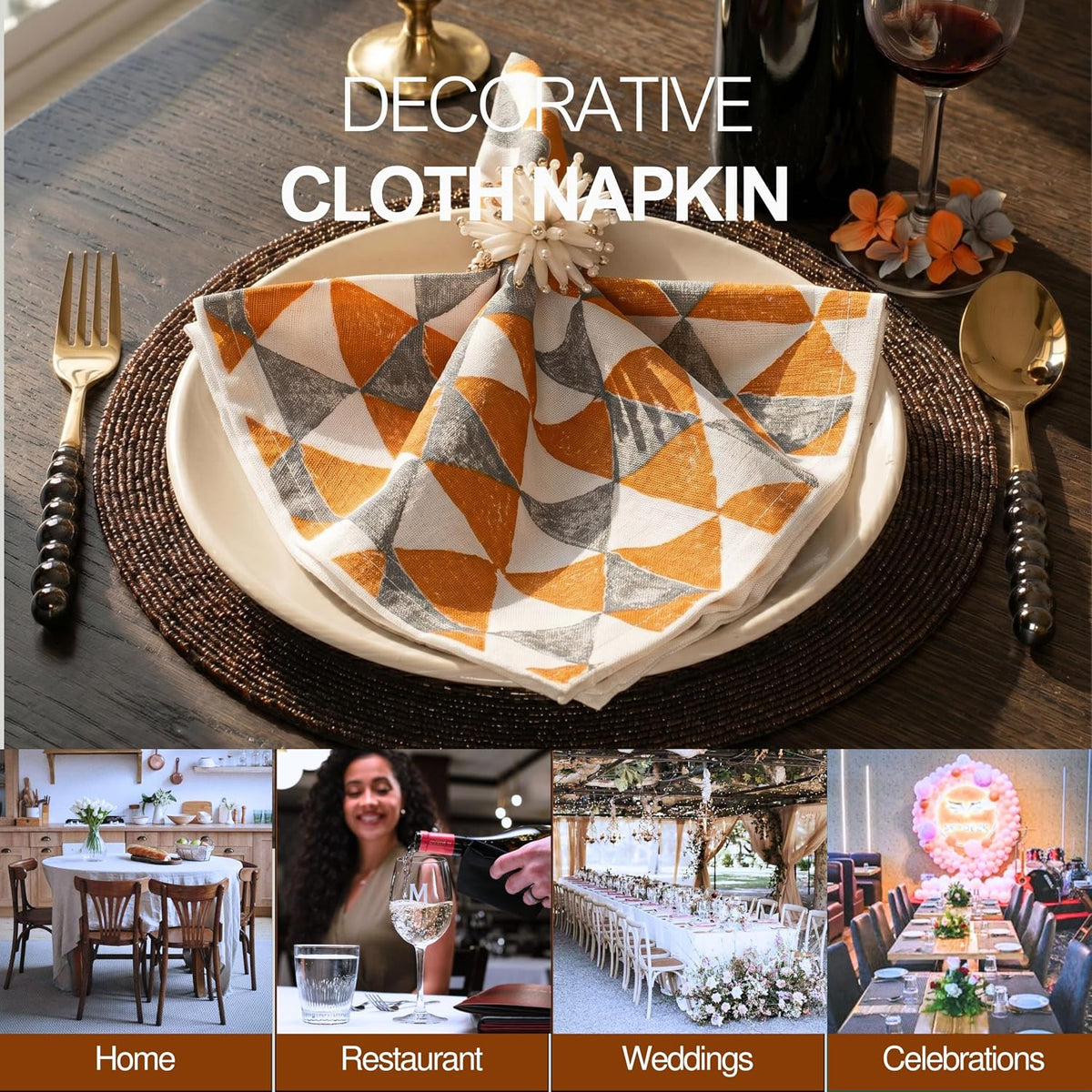 FINGERCRAFT Cloth Napkins Set of 12 Cotton Linen, 20x20 in, Terracotta Geo | Mitered corner, washable, soft, absorbent