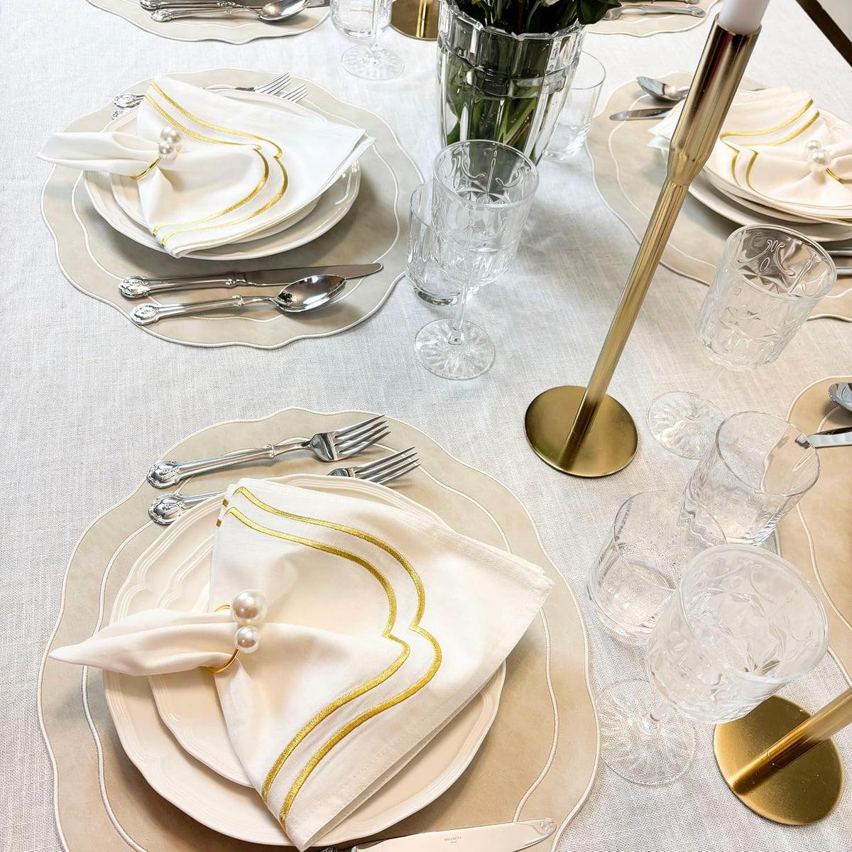 Embroidered Scalloped Faux Leather Wipeable Placemats Set of 4, Ivory | Bryonia PU Earth Tone Soft Luxury Dinner Table