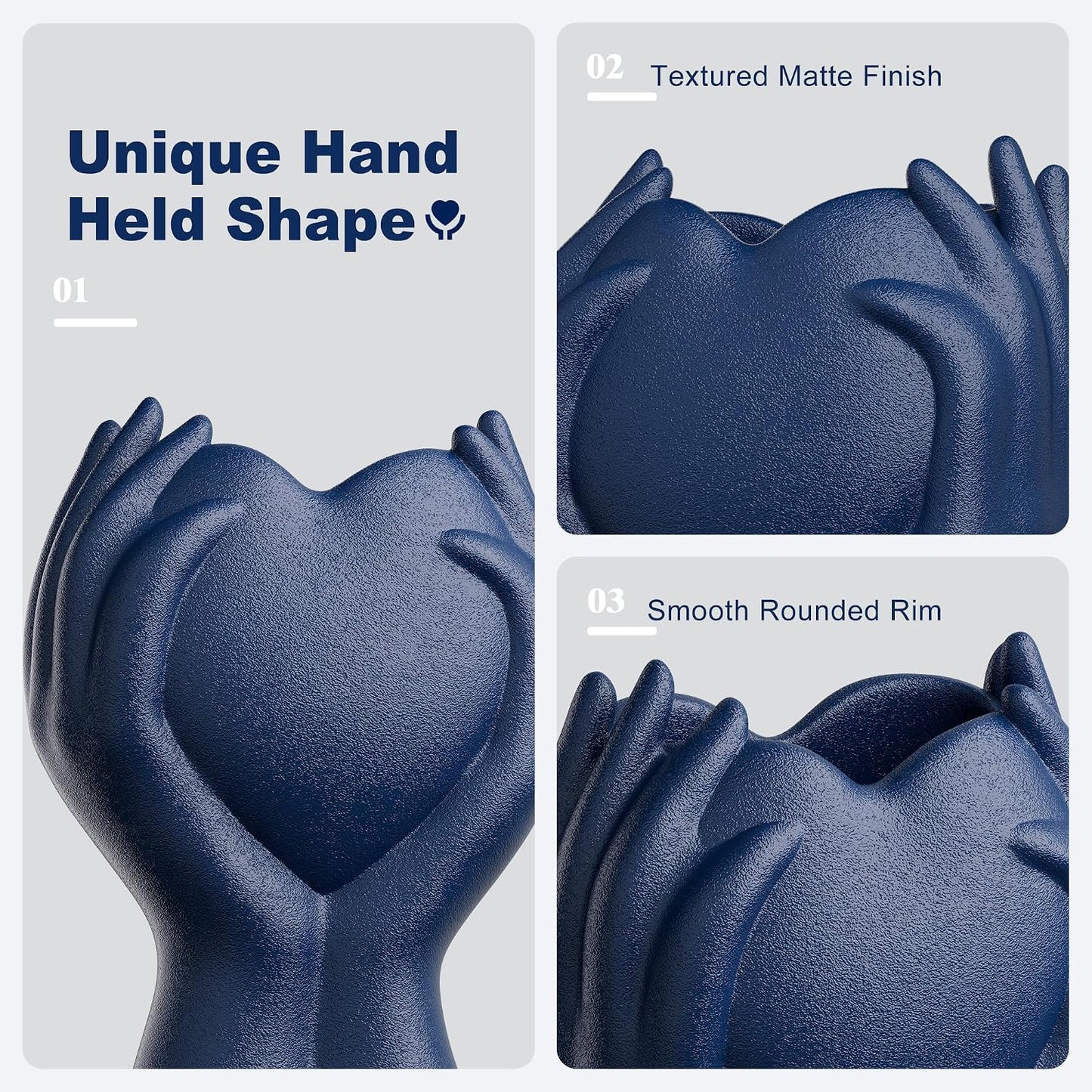 8" Heart Hand Navy Ceramic Vase / Blue