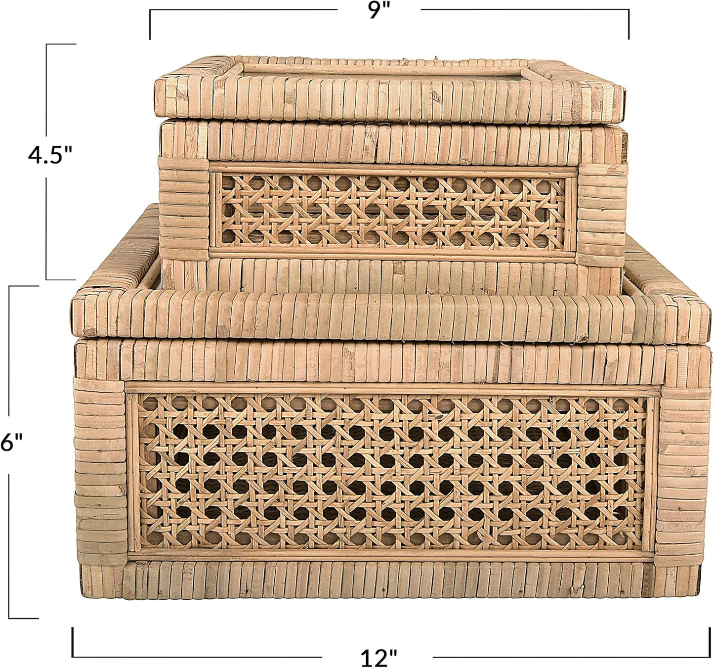 Modern Decorative Woven Rattan and Wood Display Boxes / Natural / Square / Set of 2