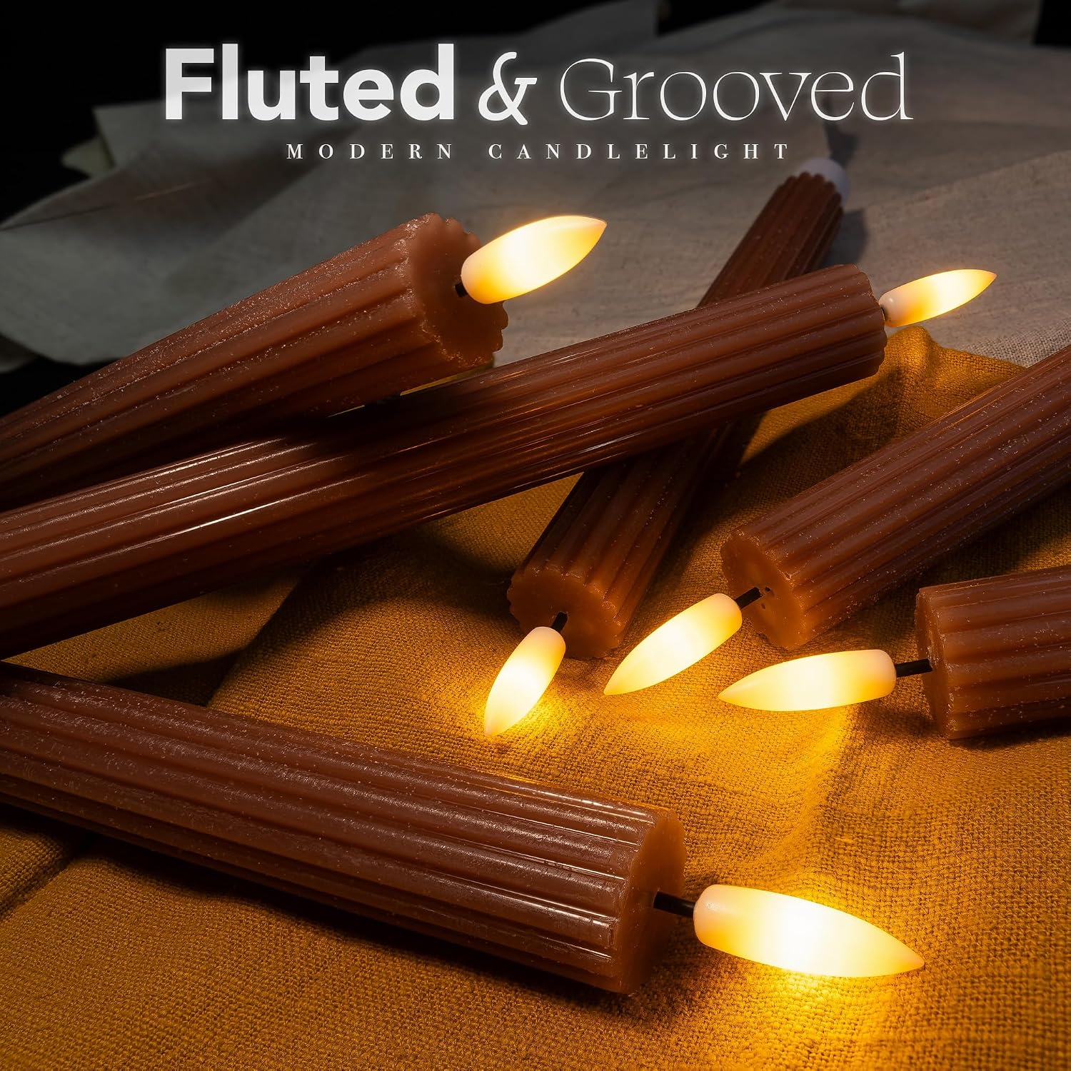 10" Fluted Ribbed LED Brown Tan Grooved Real Wax Taper Candles, Remote & 24h Timer Memory, On/Off Switch - Flameless
