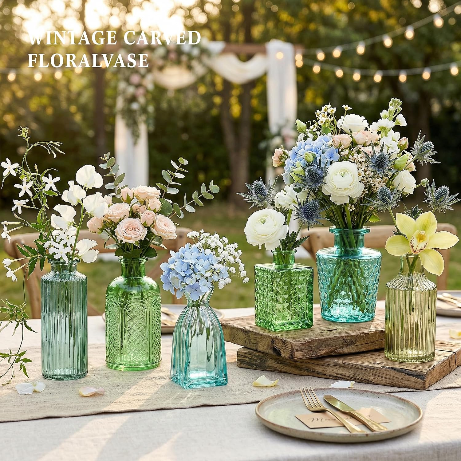 Green Glass Bud Vases / Green Series / Set of 15
