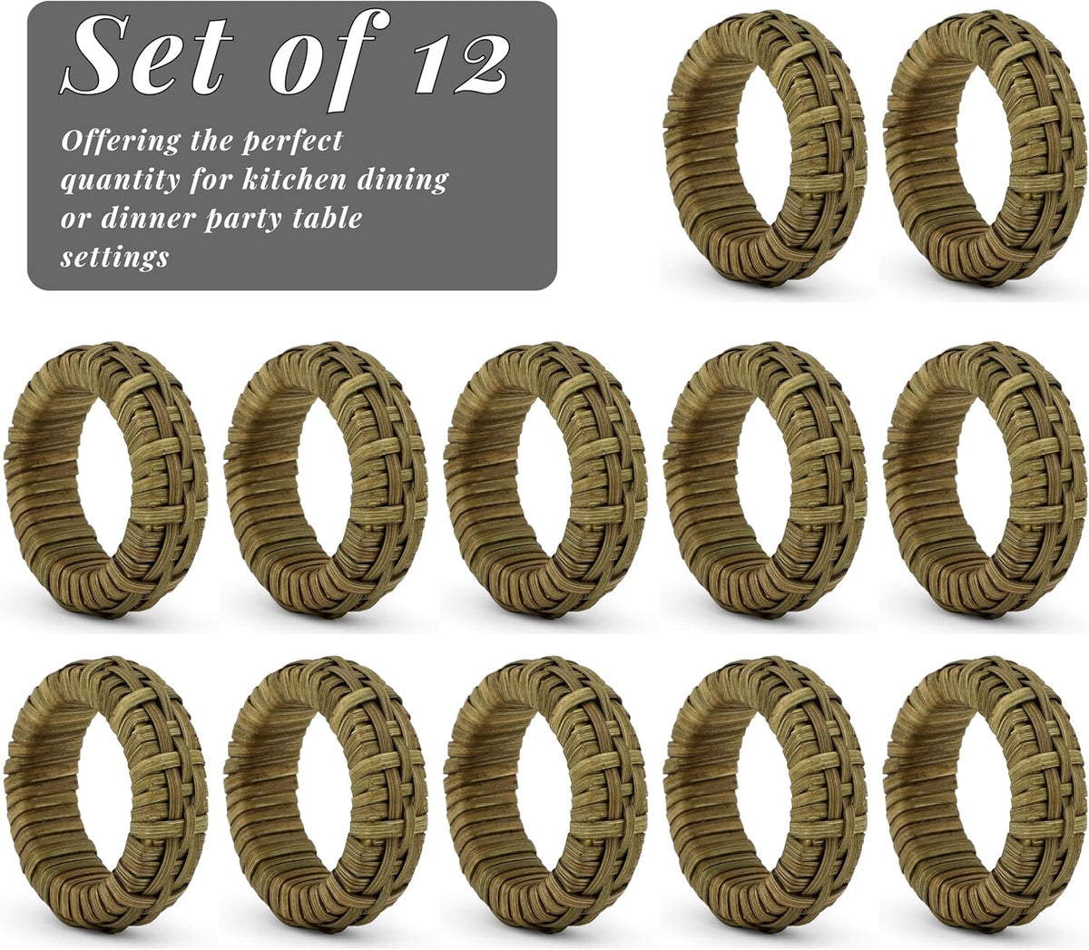 Cane Woven Napkin Rings, Set of 12 - Army Green | Natural cane with plastic core, 2.25x2.25x0.5 in. each, boho