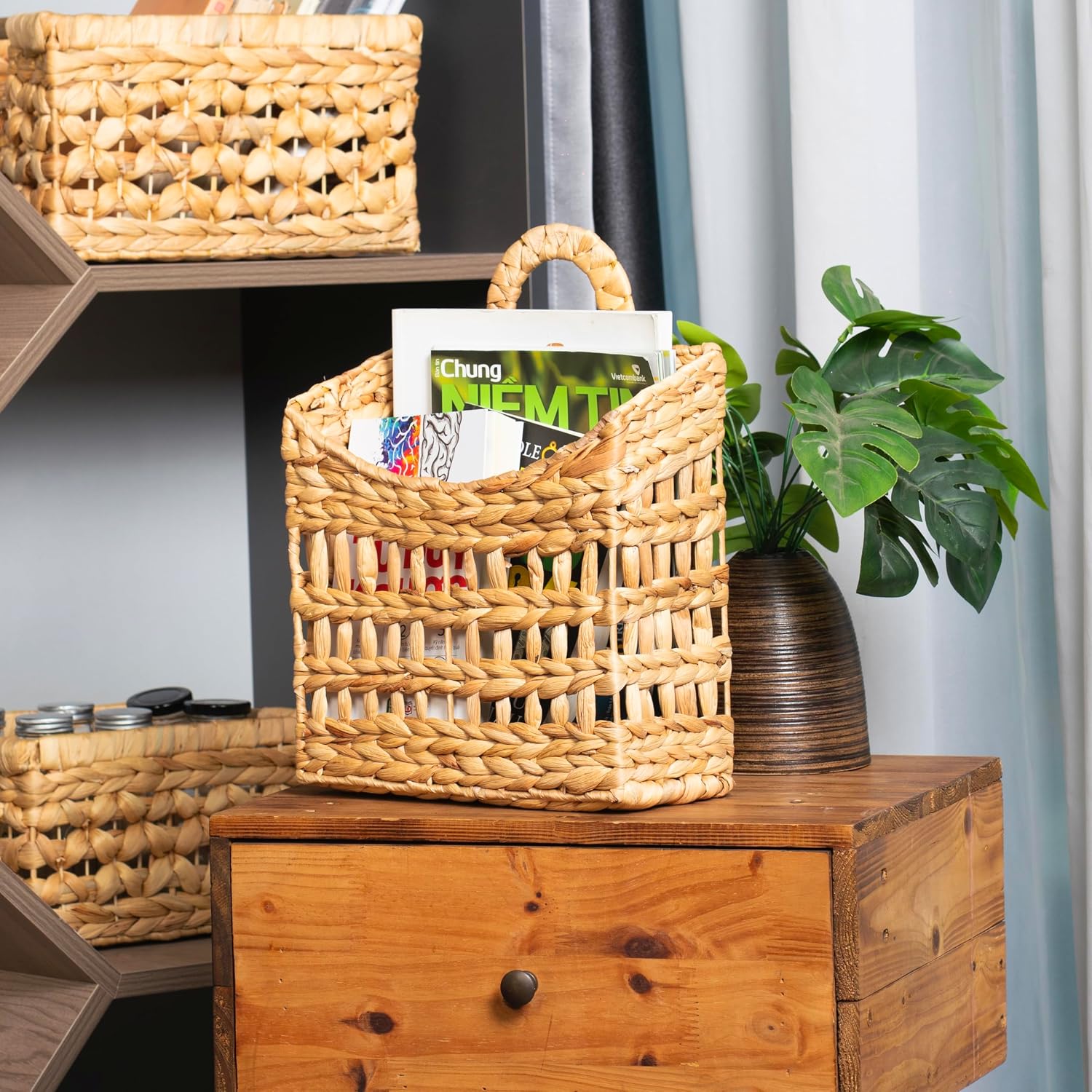 NAYA Water Hyacinth Hanging Wicker Basket