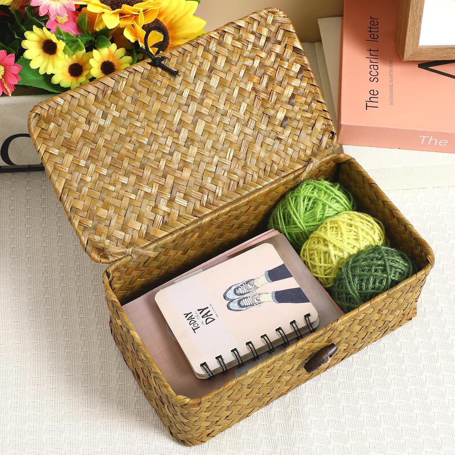 Seagrass Storage Woven Basket Straw Desktop Rattan Hand- Woven Storage Basket / 23 x 13 x 8 / S: CM