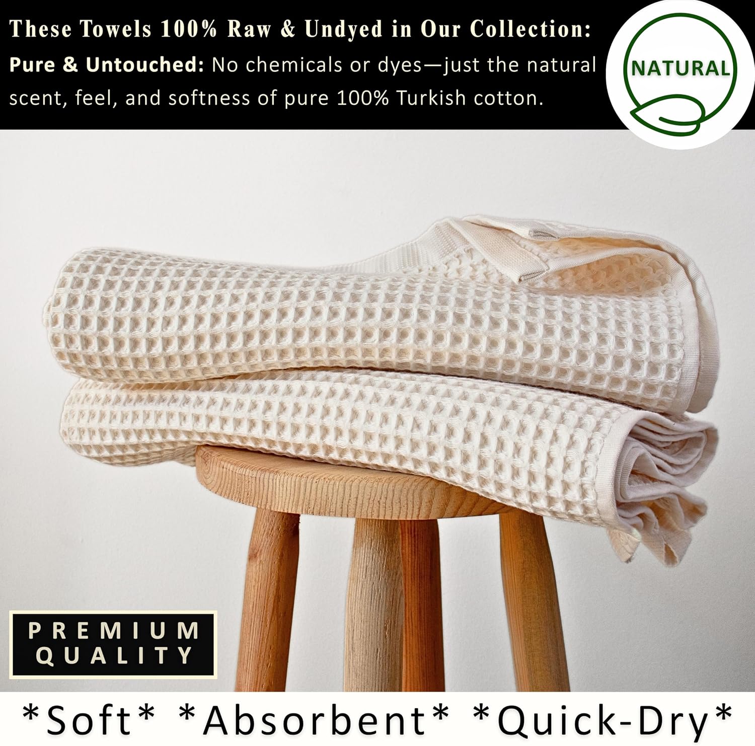 PÜSKÜL Natural 100% Turkish Cotton Waffle Bath Towels Set of 2, Extra-Large | Raw-Undyed, Oversize 32x63" Bath sheet