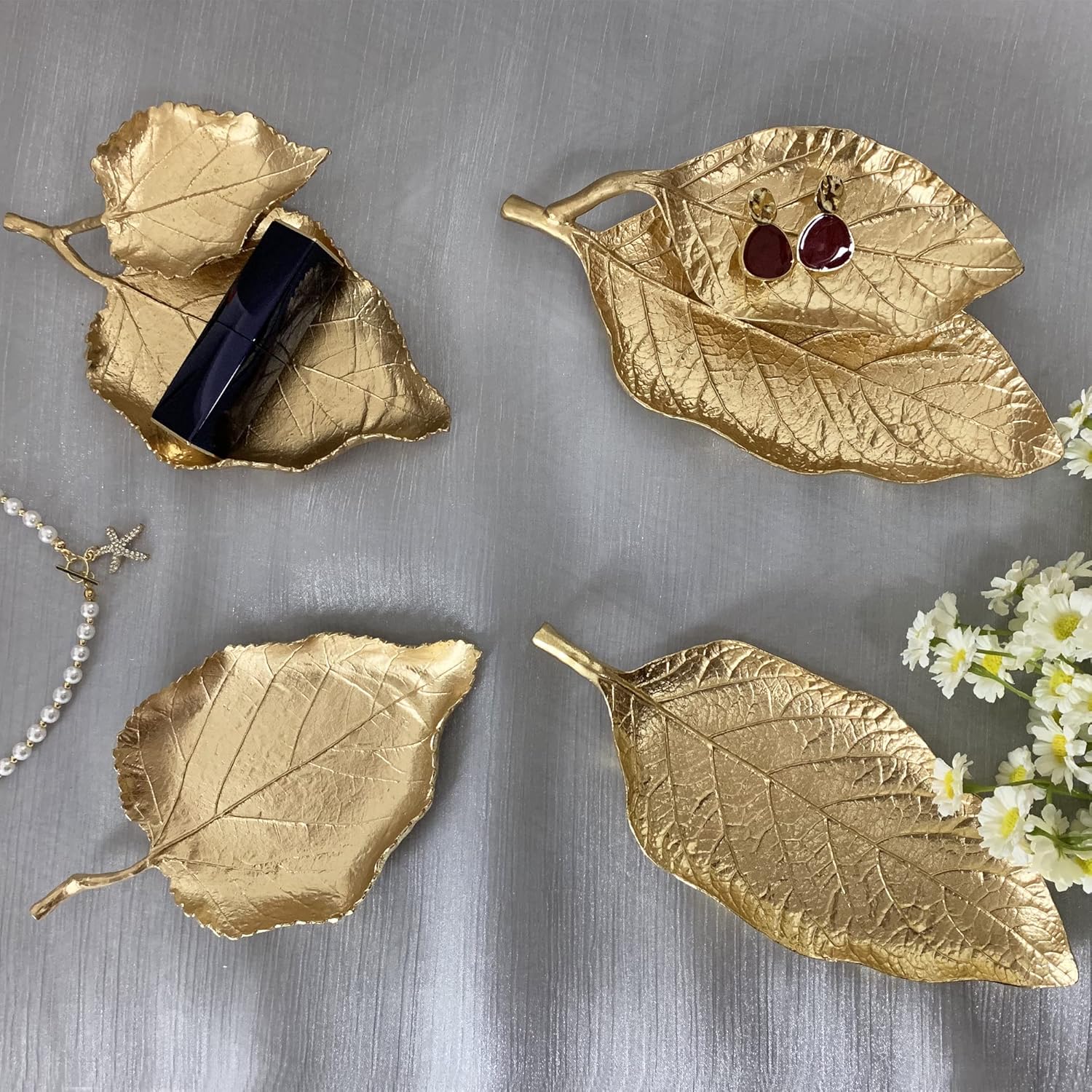 Metal Trinket Dish Leaf Shaped Ring Holder Jewelry Organizer Vanity Dish Tray / Double Mango Leaves