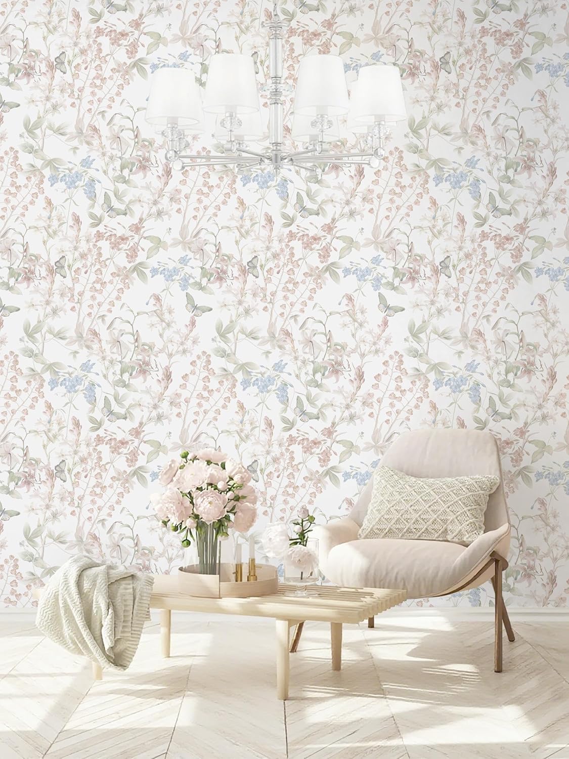 Floral Wallpaper Pink Peel and Stick Wallpaper White Boho Contact Paper / Flutter Pink / 17.3 x 197