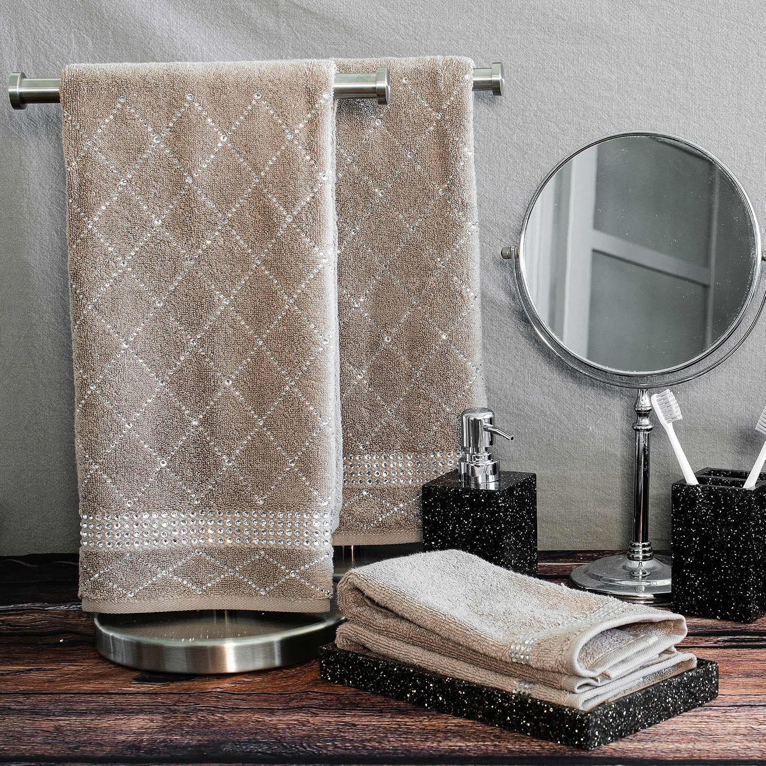 Atlas Hand Towel (Set of 2), 100% Turkish Cotton, Glass Rhinestones, Machine Washable, Gray
