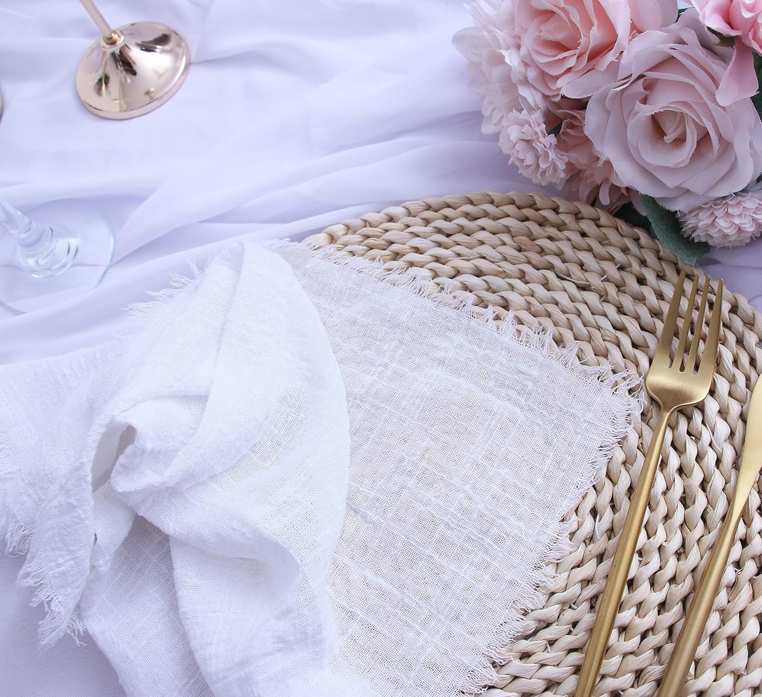 Cloth Napkins with Fringe Set of 12, Soft Cotton, 16 x 16 Inches, White | Boho Rustic Dinner Napkins, Reusable Washable