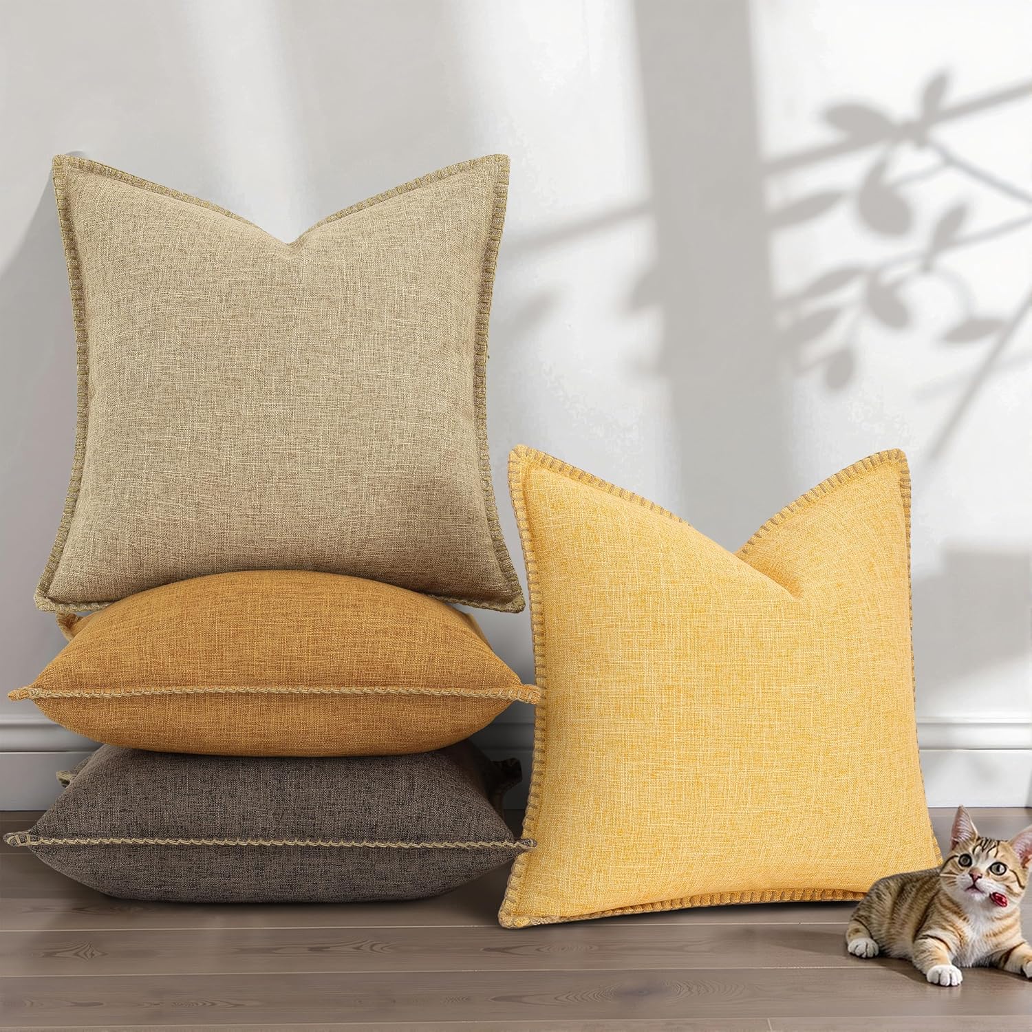 Fall Decorative Throw Pillow Covers Square Faux Linen Outdoor / Bronze Gold / 18 x 18 / Set of 2