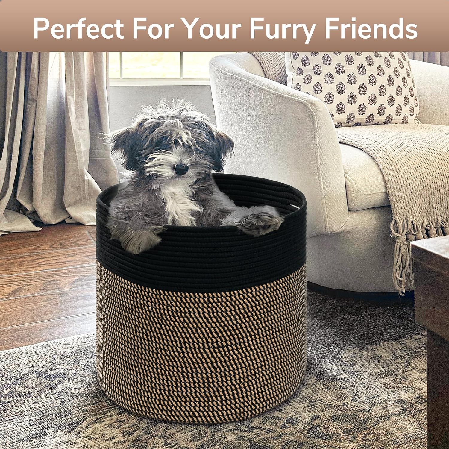 Woven Rope Storage Basket / Black & Mix Jute / 15.8 x 15.8 x 13.8