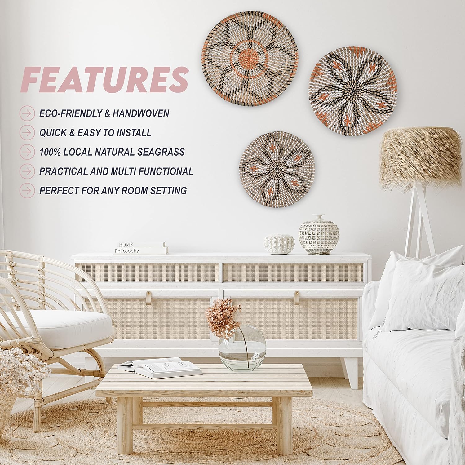 Modern Boho Rustic Wicker Hanging Wall Baskets / Natural / Set of 3