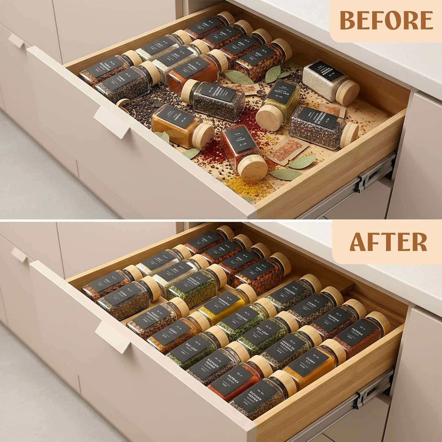 Bamboo Spice Drawer Organizer - Expandable 4 Tier Spice Rack (Need 3" Deep Drawer) 12" to 24" Wide, Seasoning