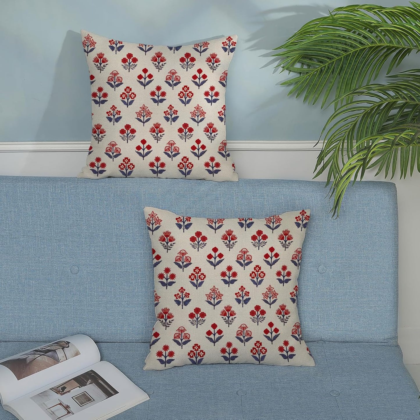 4th of July Pillow Covers Red Blue / 18 x 18 / 4th of July Red Blue Block Print Floral / Set of 2