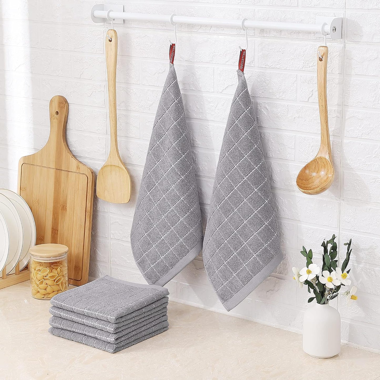 Homaxy 100% Cotton Terry Kitchen Dish Cloths, 12 Pack, Light Grey | Ultra Soft and Absorbent Dish Towels for Kitchen