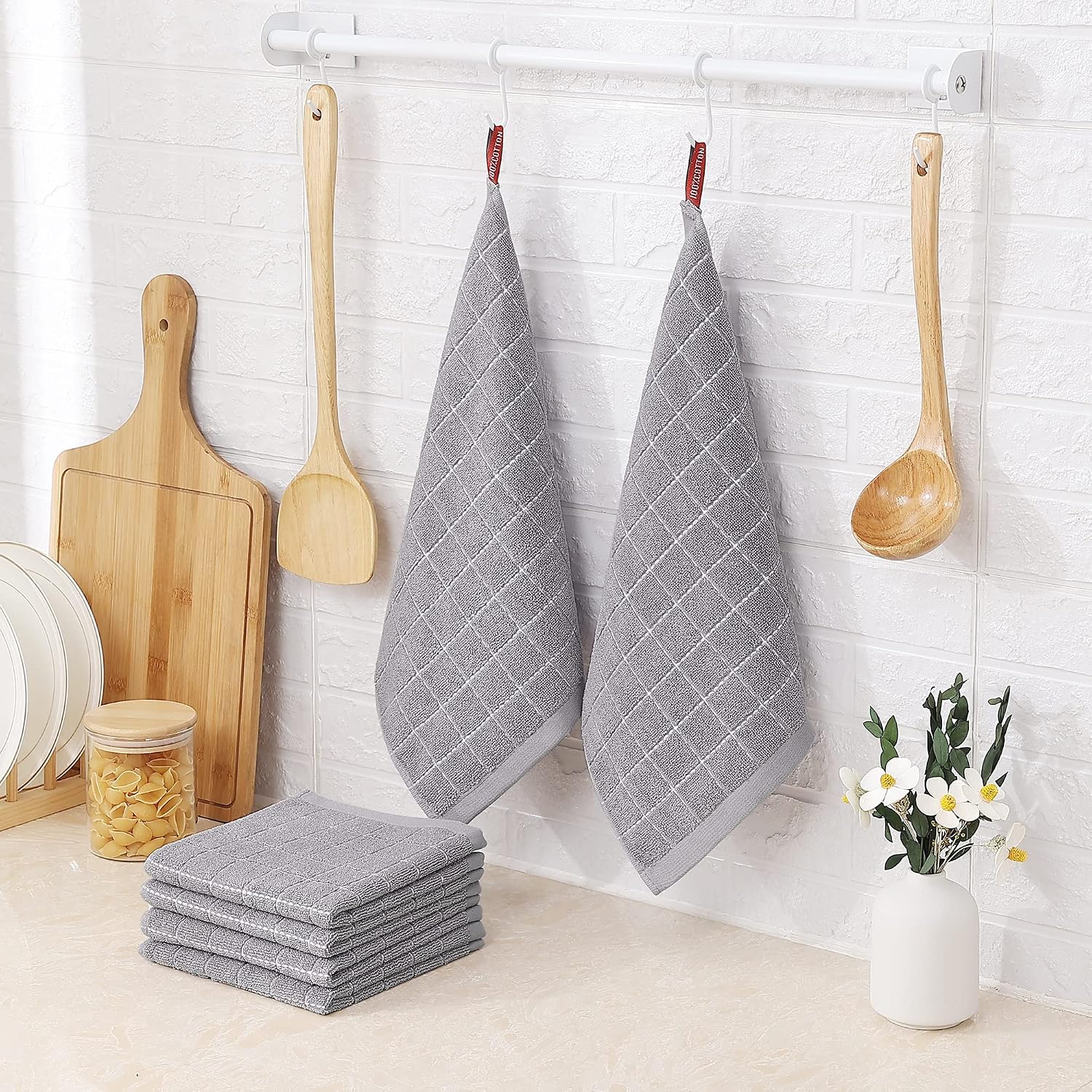 Homaxy 100% Cotton Terry Kitchen Dish Cloths, 12 Pack, Light Grey | Ultra Soft and Absorbent Dish Towels for Kitchen