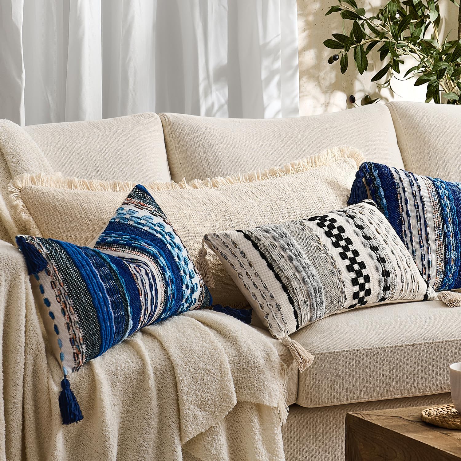 Kevin Textile Long Lumbar Pillow Cover Boho Fringe Decorative Rectangle Cushion / 36 x 14 / Beige