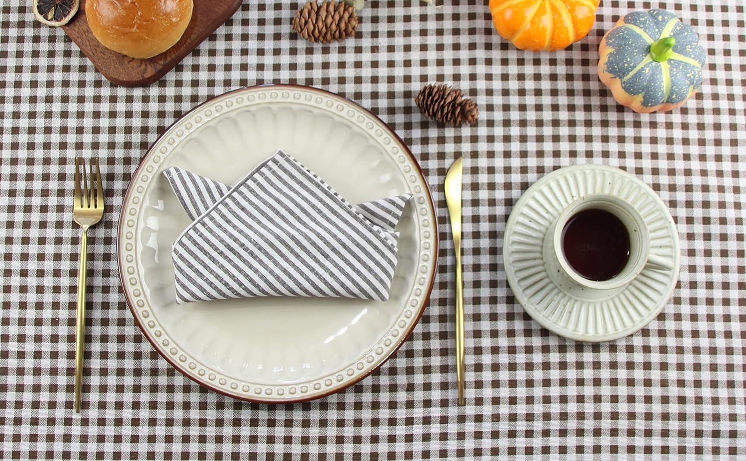 Plain Striped Cotton Linen Blended Dinner Cloth Napkins - Set of 12 (17 x 17 inches) - for Events & Home Use (Brown)