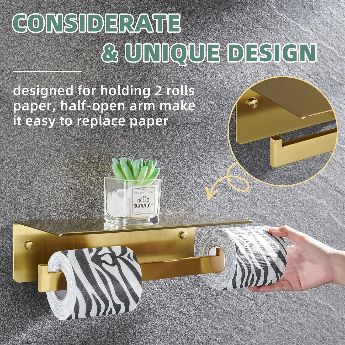 APLusee Brushed Gold Double Toilet Paper Holder with Shelf, Wall Mounted | 304 Stainless Steel, Rust-resistant Tissue