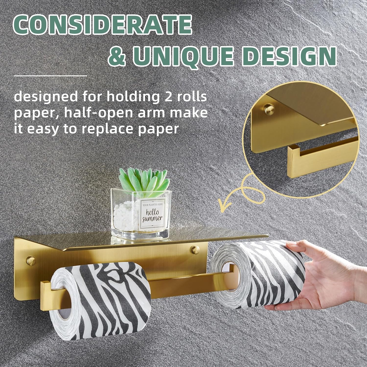 APLusee Brushed Gold Double Toilet Paper Holder with Shelf, Wall Mounted | 304 Stainless Steel, Rust-resistant Tissue