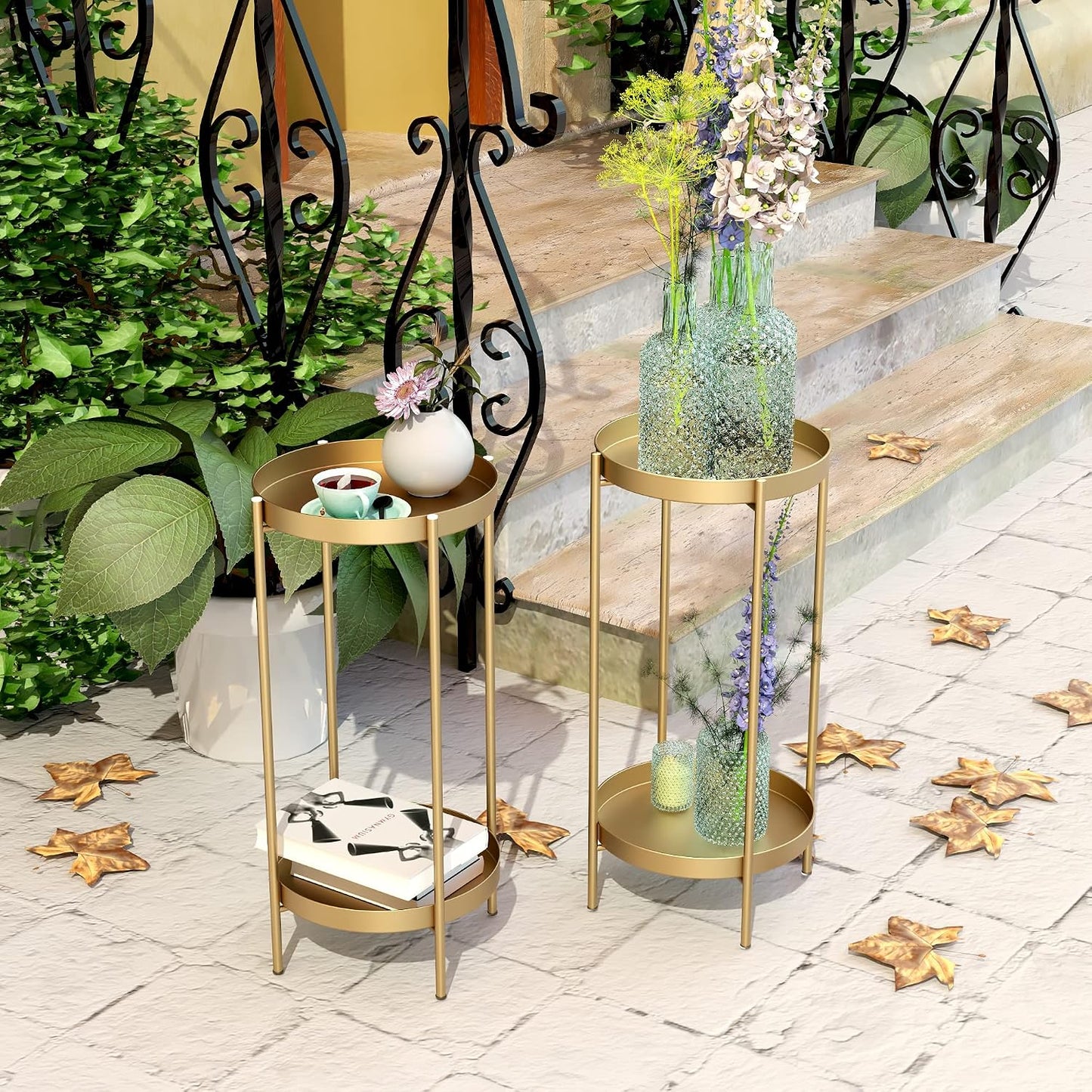 2 Tier Plant Stand Indoor Outdoor - 10.5in Width 24in Tall Flower Pot Rack | Heavy Duty Metal Plant Table Planter