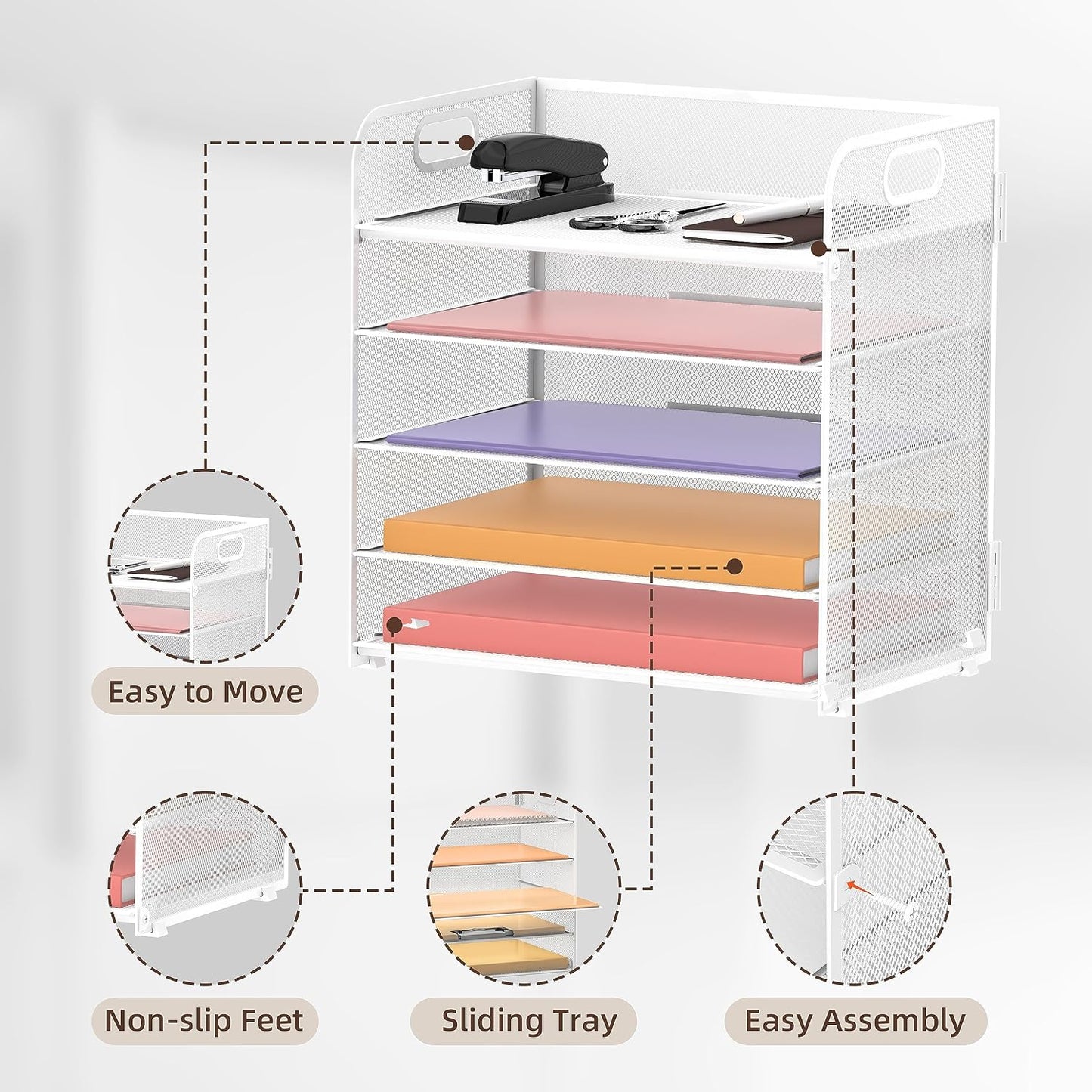 5 Trays Paper Organizer Letter Tray with Handle-Mesh Desk File Holders, Paper Sorter Desk Organizer for Office, Home