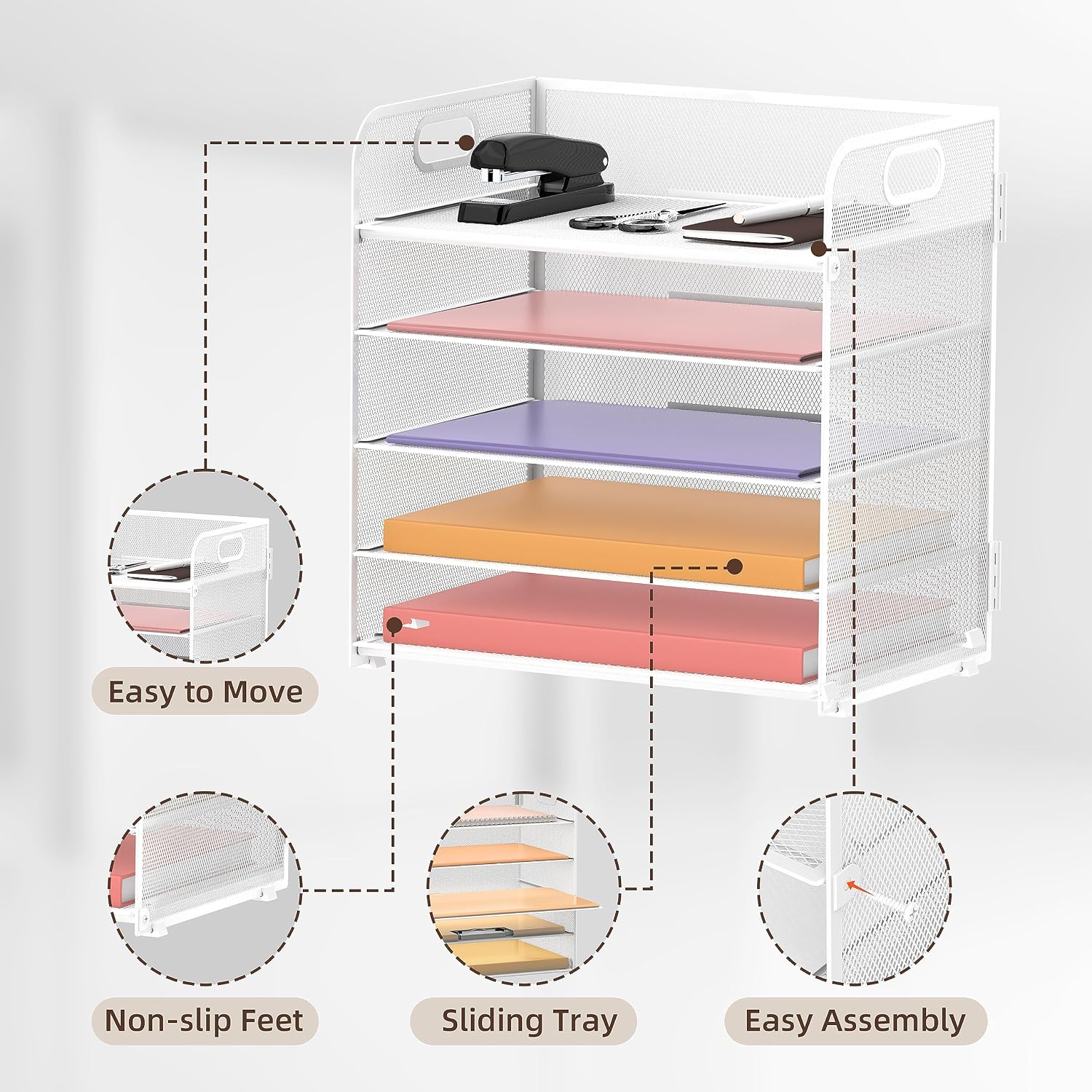 5 Trays Paper Organizer Letter Tray with Handle-Mesh Desk File Holders, Paper Sorter Desk Organizer for Office, Home