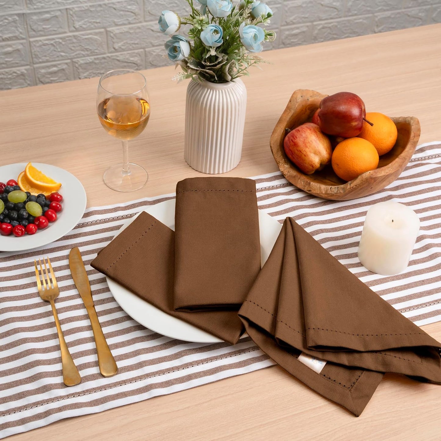 Blue Needles Set of 12 Hemstitch Linen Napkins 100% Cotton Nut Brown Cloth Dinner Napkins 18x18 inches, Soft, Reusable