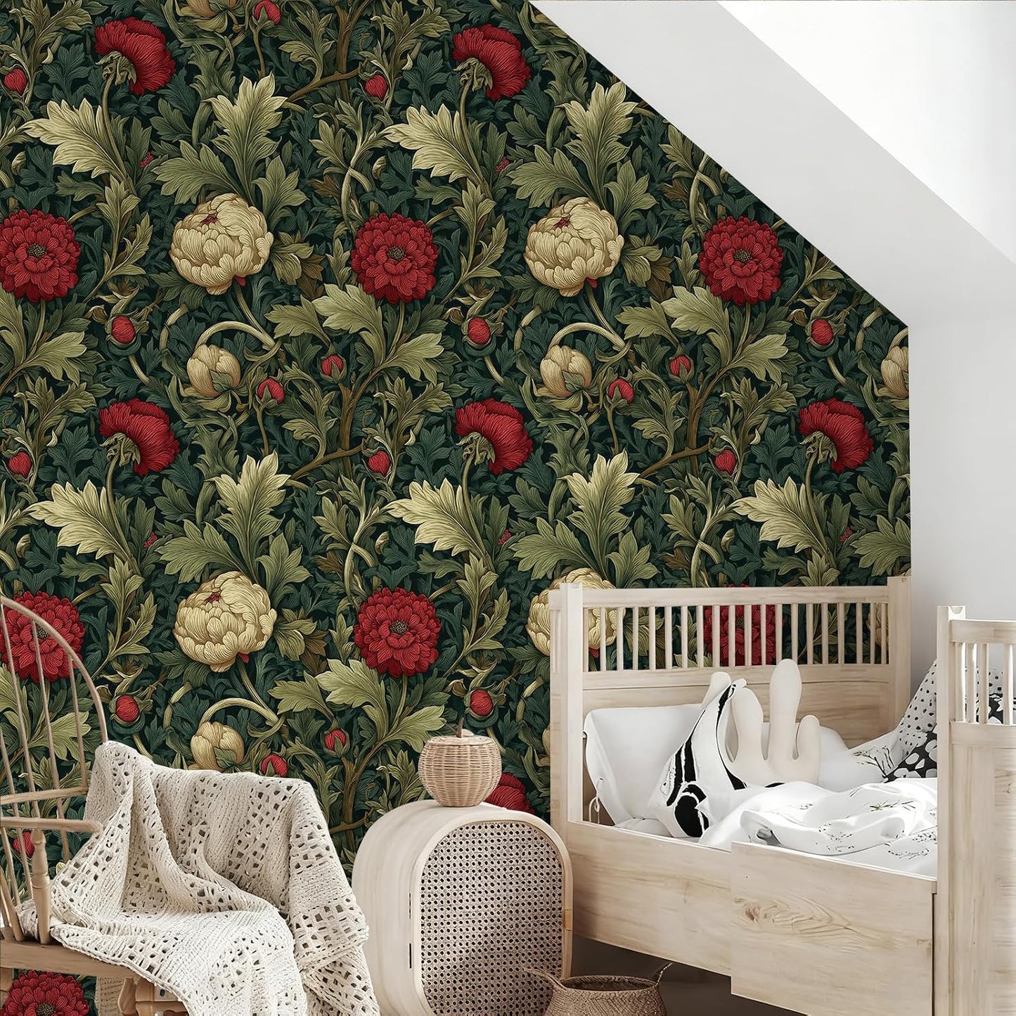 Peel and Stick Boho Art Woody Wallpaper Botanical Leaf Removable / 17.7 x 118.1 / Green/beige/red
