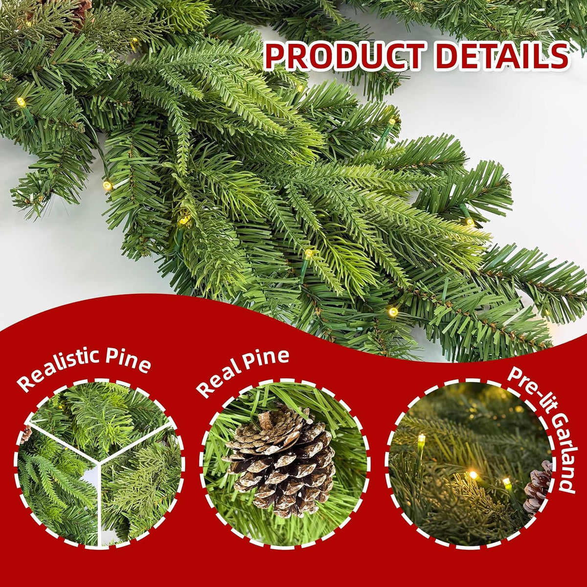 6ft Cascading Christmas Garland with Lights/Pinecone for Mantel Decorations | Prelit 80 Warm White LEDs with Dark Green