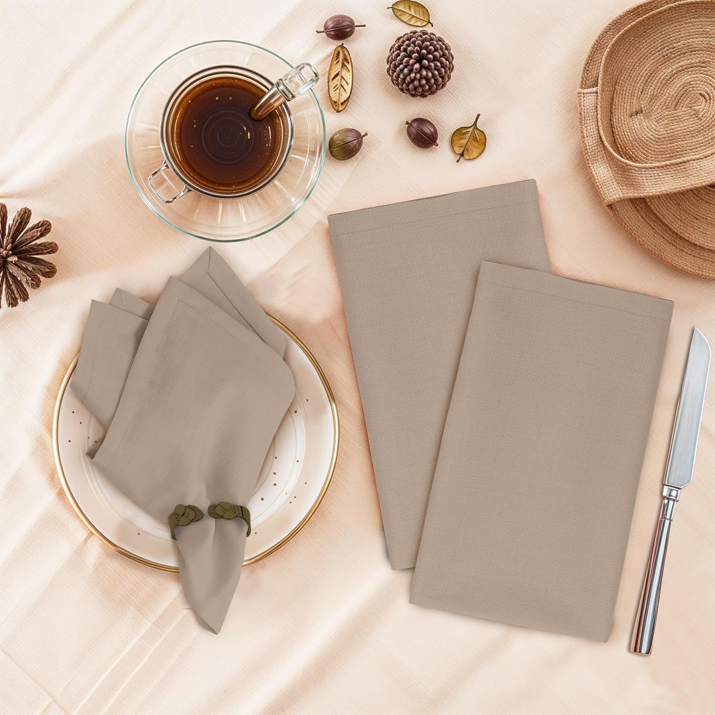 Ruvanti Cloth Napkins Set of 12, 100% Cotton 18”x18” - Light Taupe | Washable, Soft, Durable & Absorbent Everyday