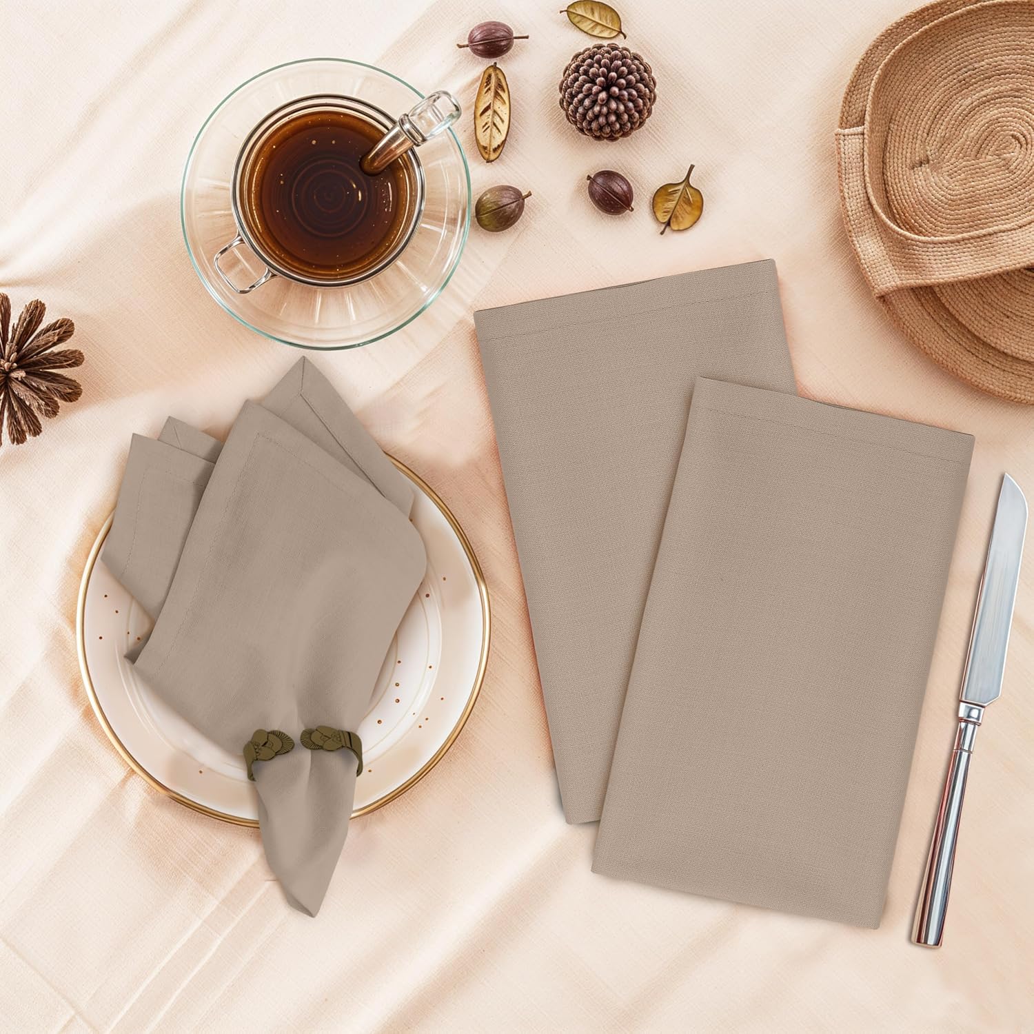 Ruvanti Cloth Napkins Set of 12, 100% Cotton 18”x18” - Light Taupe | Washable, Soft, Durable & Absorbent Everyday