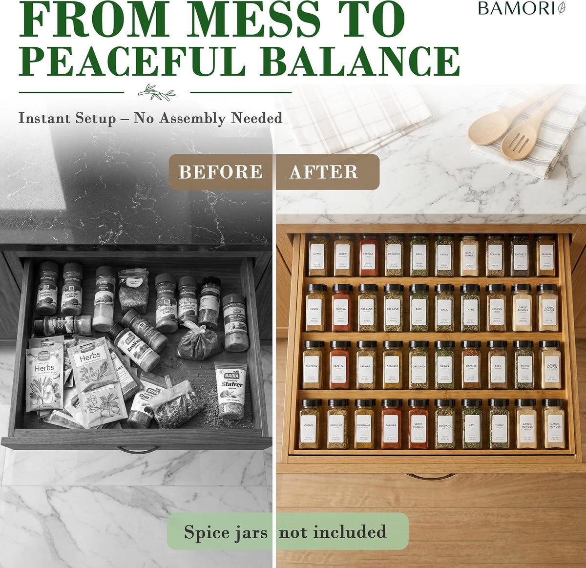 Bamboo Spice Drawer Organizer, Expandable 12 to 23 Inch Insert Holds 48 Jars, 4 Tier Seasoning Rack for Kitchen Drawer