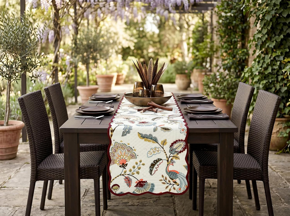 Espresso Feather - Bloom Collection Luxury Handcrafted Runner (Reversible) Cotton Quilted Fabric Machine Washable –