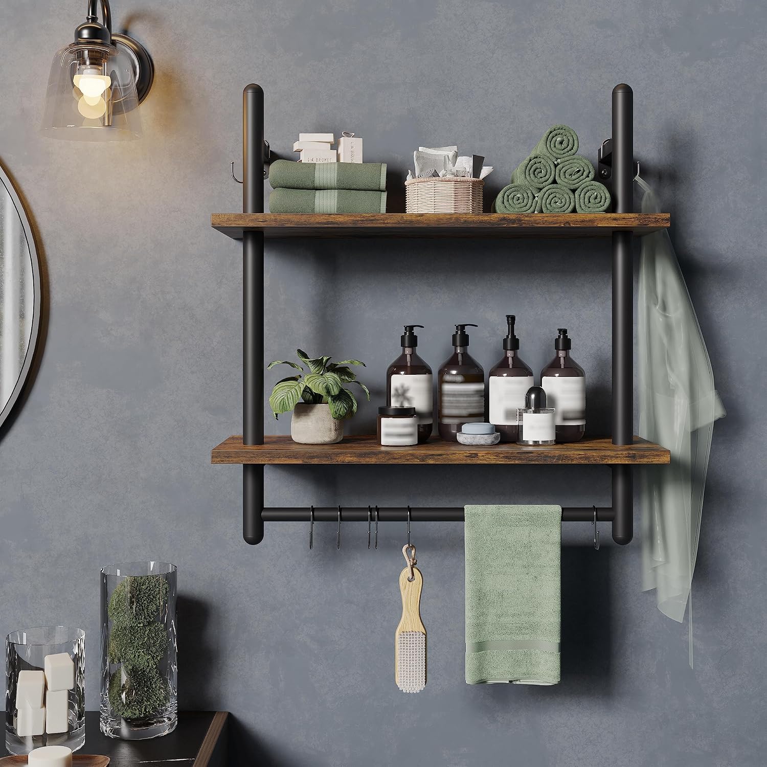 Bestier 24" Floating Kitchen Shelves Wall Mounted 2 Tier Coffee bar Shelves with 8 Hooks, Industrial Wall Shelf for