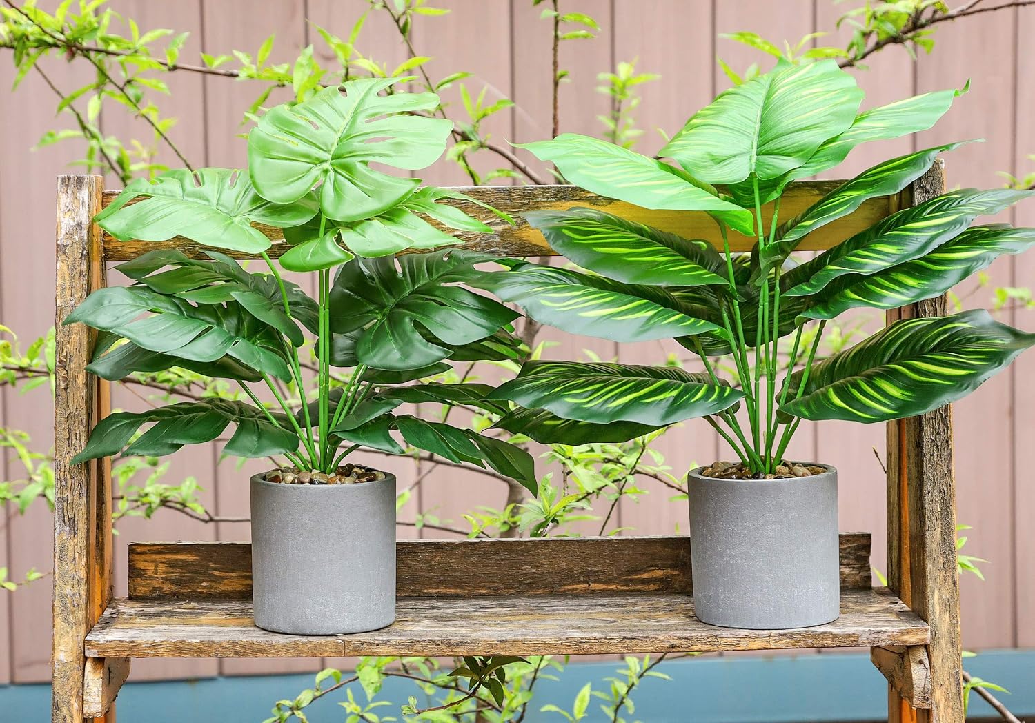 16" Fake Plants Medium Artificial Plants in Pots Faux / Monstera Leaf and Greenery Leaf / Set of 2