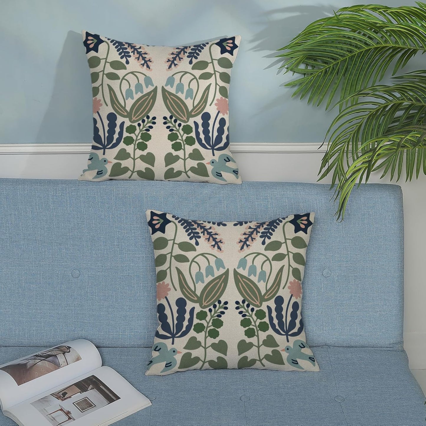 Navy Blue Boho Pillow Covers Sage Green Floral Decor / 18 x 18 / Blue Green Boho Floral / Set of 2