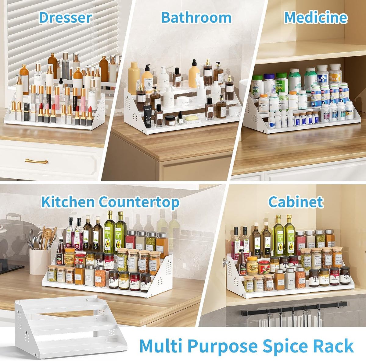 BOIVSHI 3 Tier Expandable Spice Organizer for Cabinet, White | Metal Shelves with Adjustable Height Spice Storage for