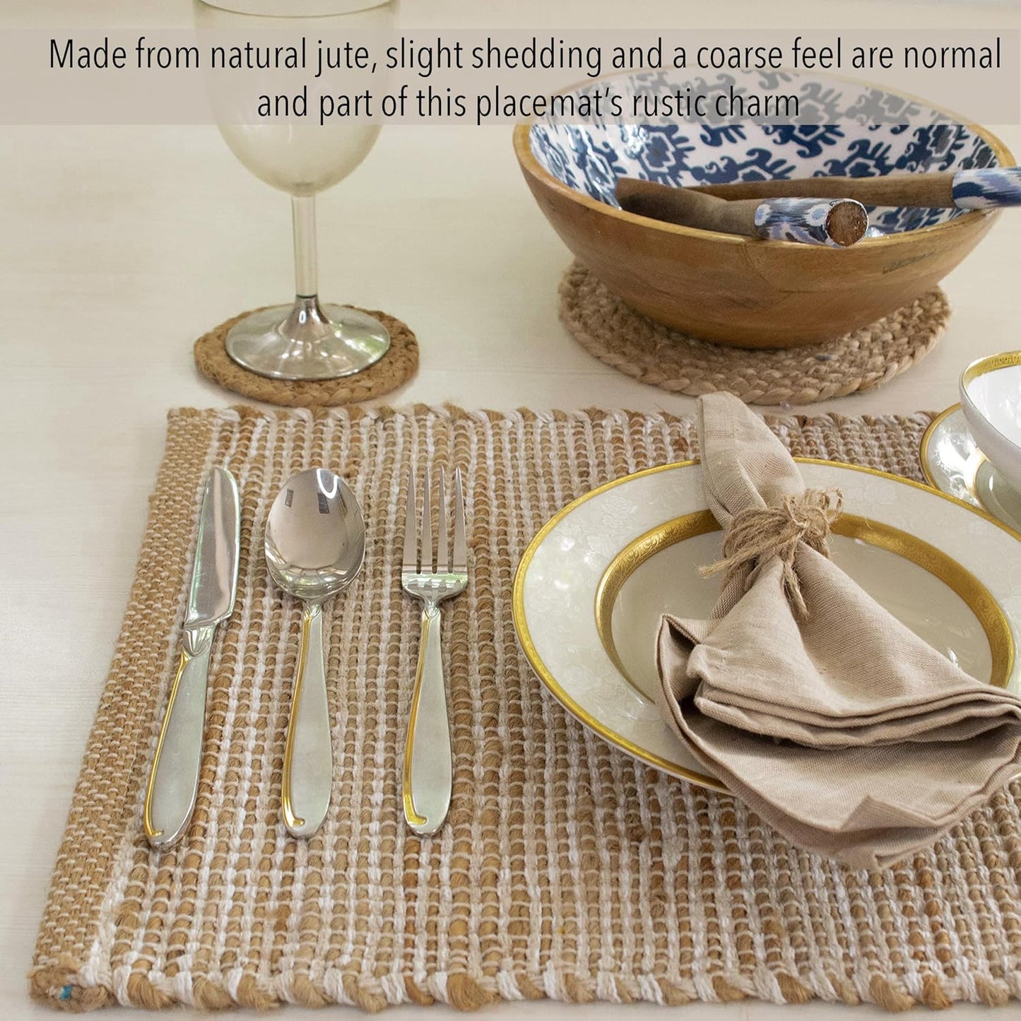 Natural Jute and Ivory Placemats, Set of 4 – Rustic Handmade Boho Table Mats, 13x19 Inch Dining Table Placemats for
