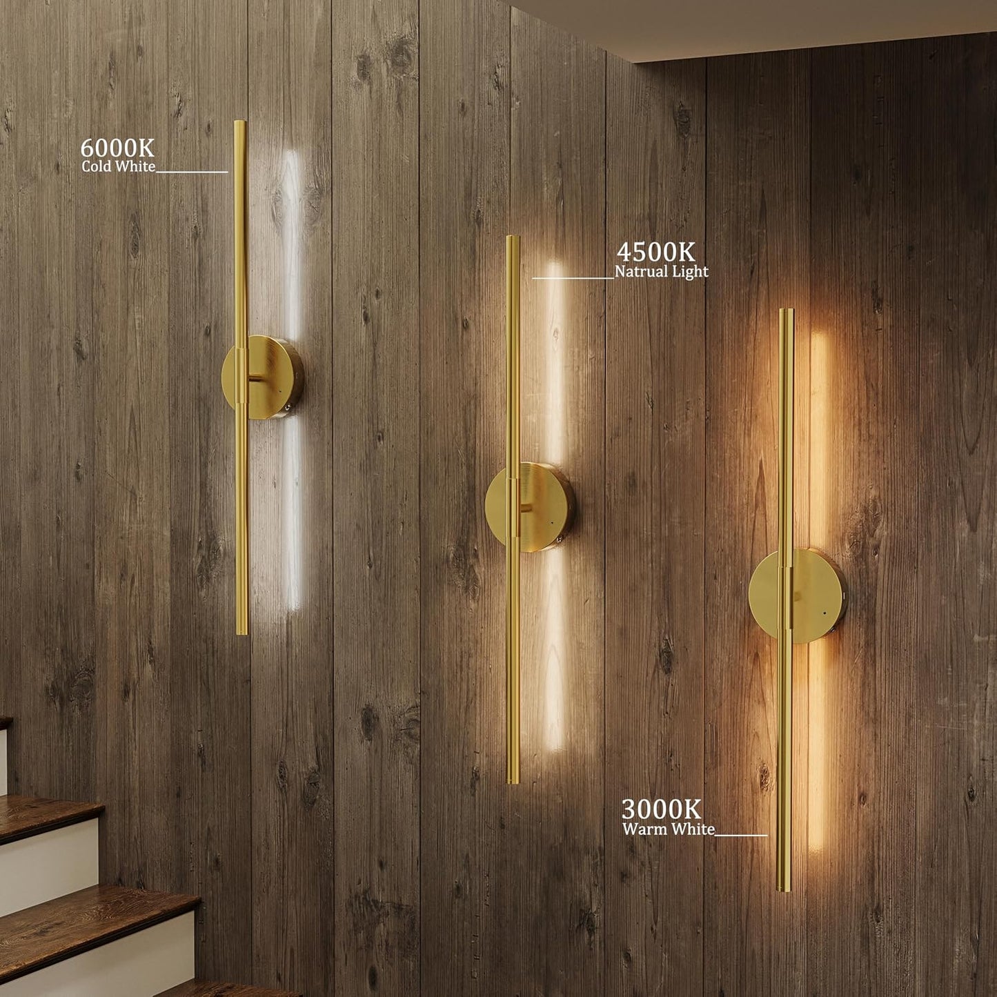 24" Battery Operated Wall Sconce Set of 2, 350° Rotating Lamp, Gold | Wireless, 8000mAh Rechargeable Battery, Stepless