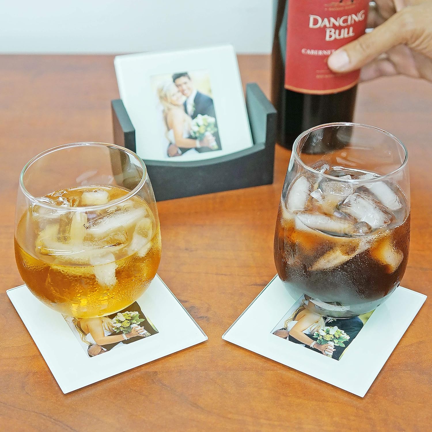 Wooden Rack / Glass Photo Frame Coasters / 2 x 3 / Set of 4