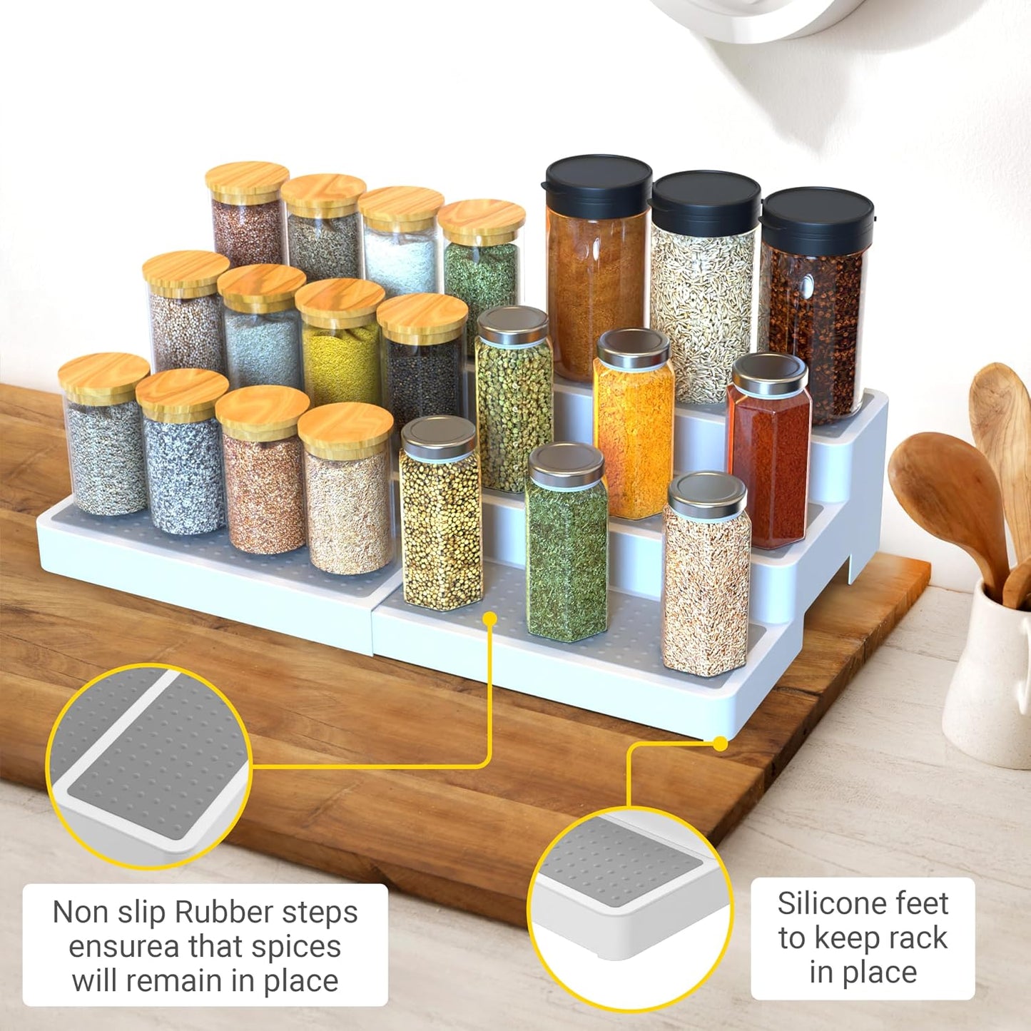 YAN & HIN Expandable Spice Rack Organizer for Cabinet (2 Pack), 3-Tier Tiered Spice Shelf Organizer with Non-Skid