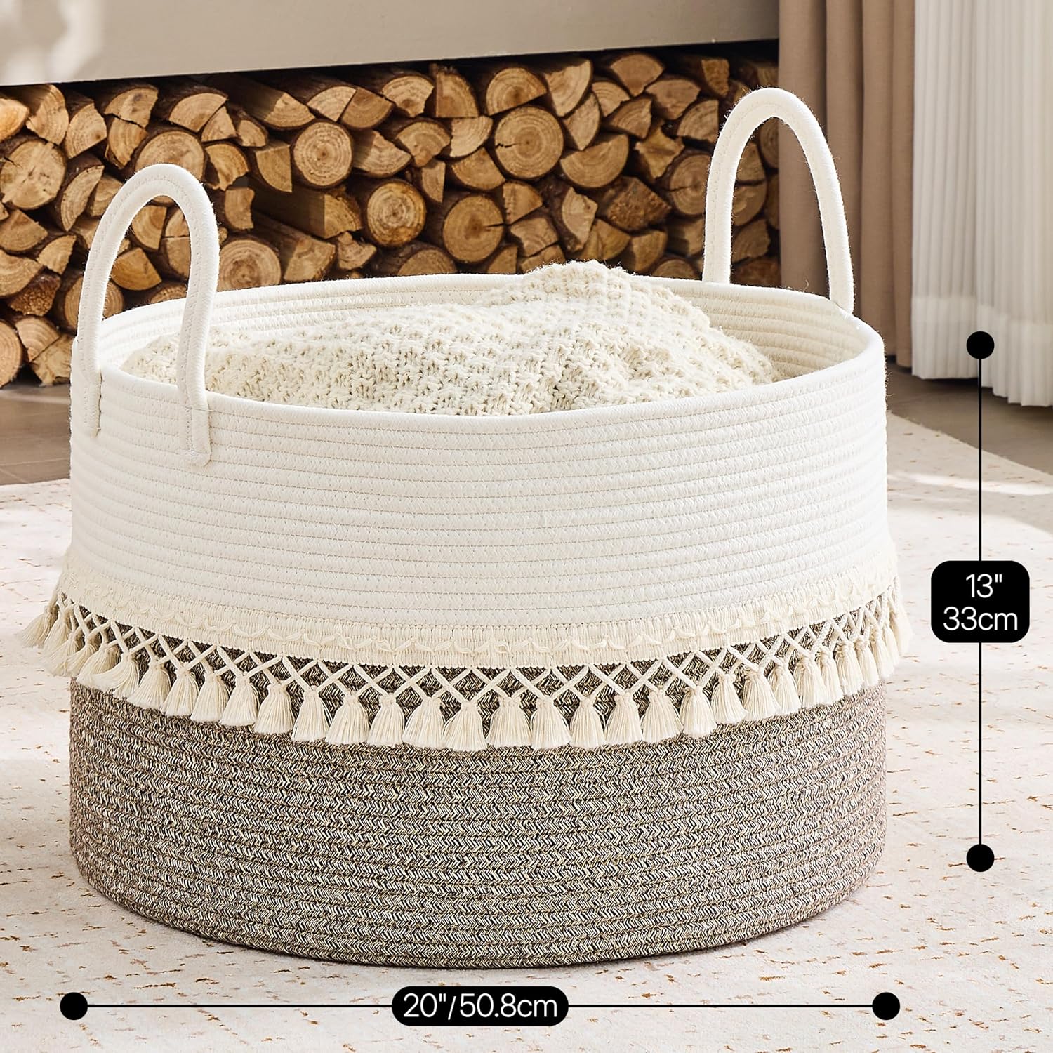 Pillows / Cotton Rope Storage Basket / Beige Fringe / 20 x 13