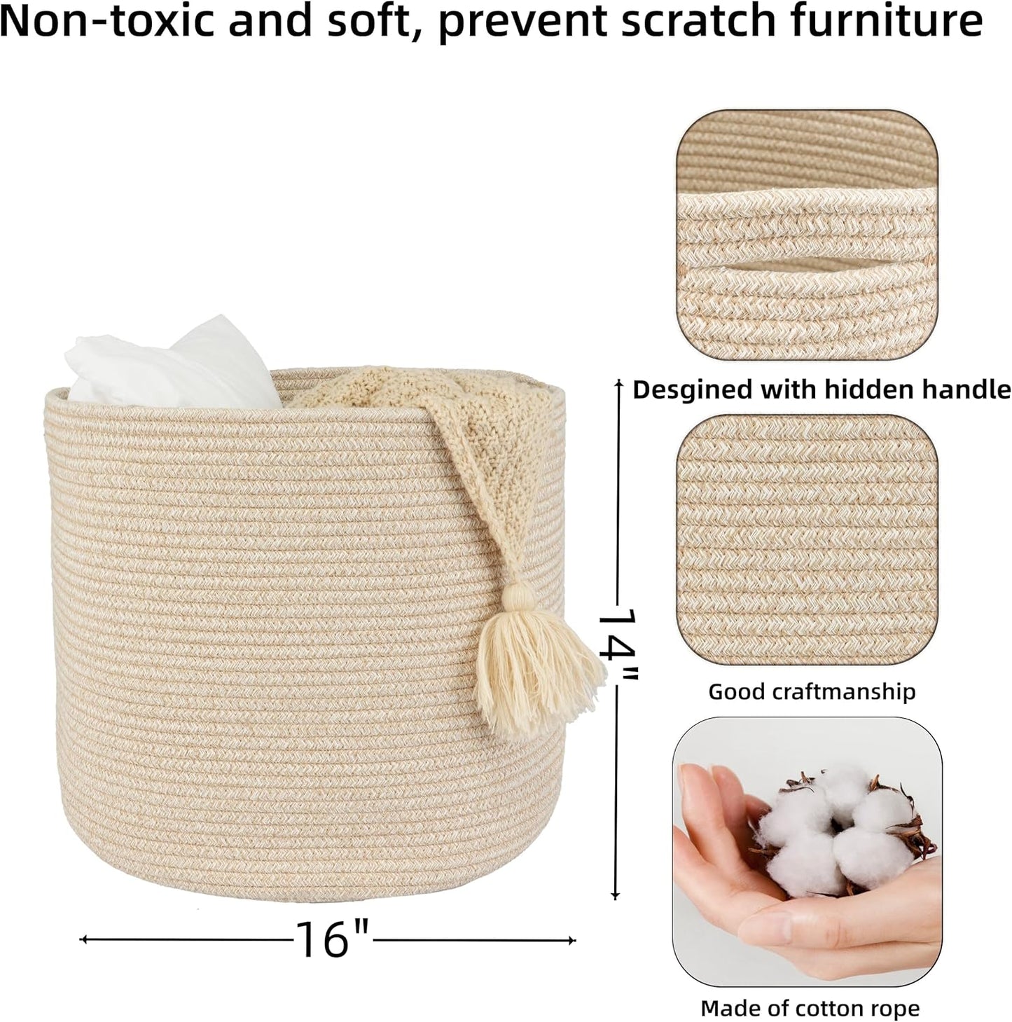 Cotton Rope Basket For Girls Boys Kids " Baby Laundry Basket Nursery Bin Round / Oatmeal / 16 x 14