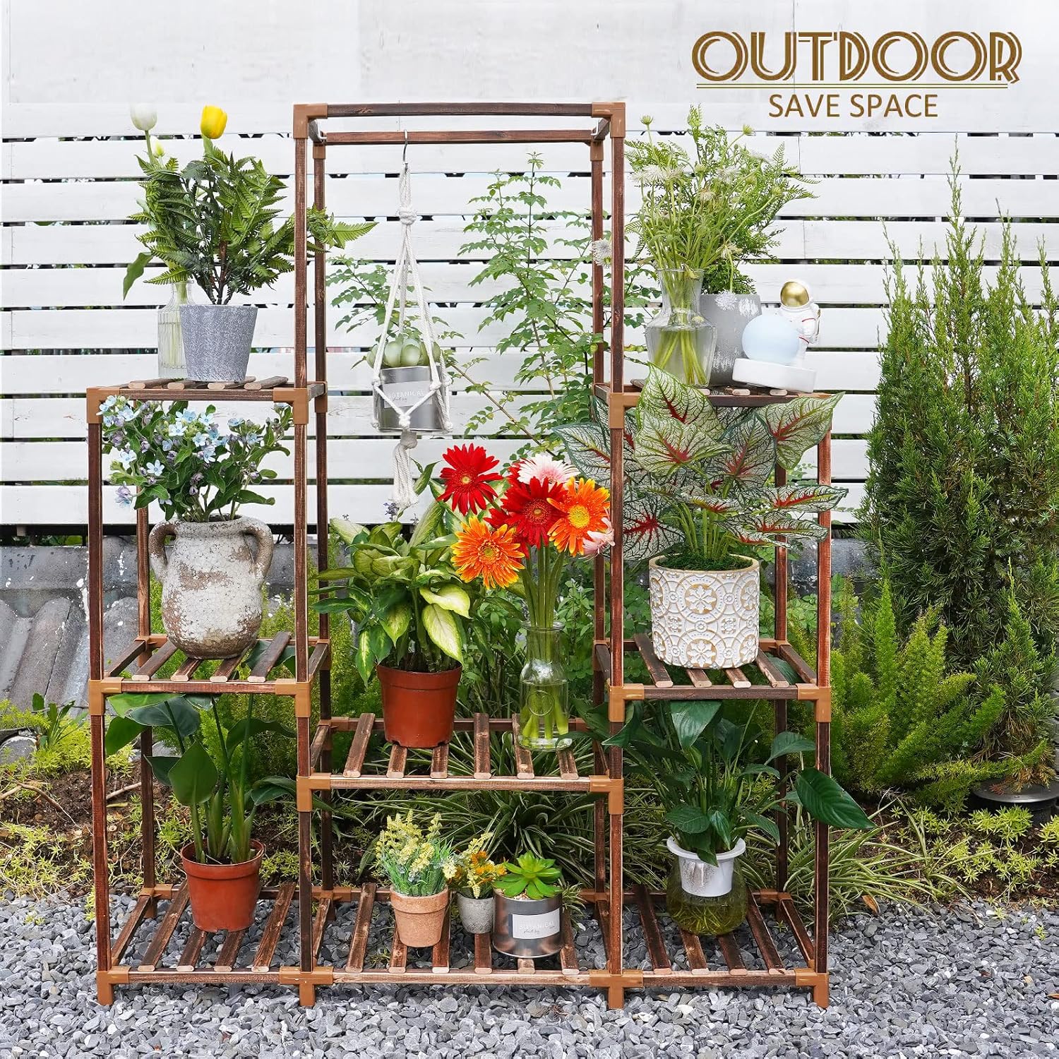 Plant Stand Indoor Outdoor, 8 Tiered Plant Shelf Wood Plant Rack | Tall Plant Holder for Multiple Plants, Large Ladder