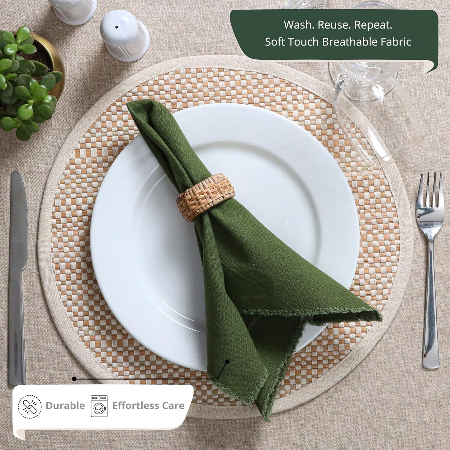 Ramanta Home Cloth Napkins Set of 12 Olive Green 18x18 Inch | Frayed Edge Dinner Napkin for Wedding, Birthday Party