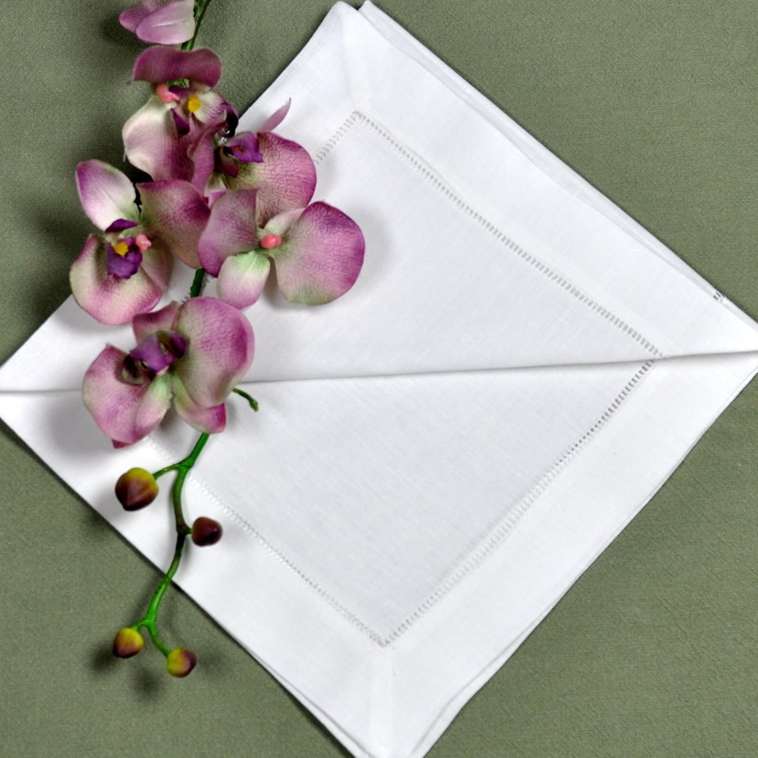 White Linen Cotton Blend Hemstitched Dinner Napkins- Set of 4 18" X 18" Ladder Hem Stitch Cloth Napkin