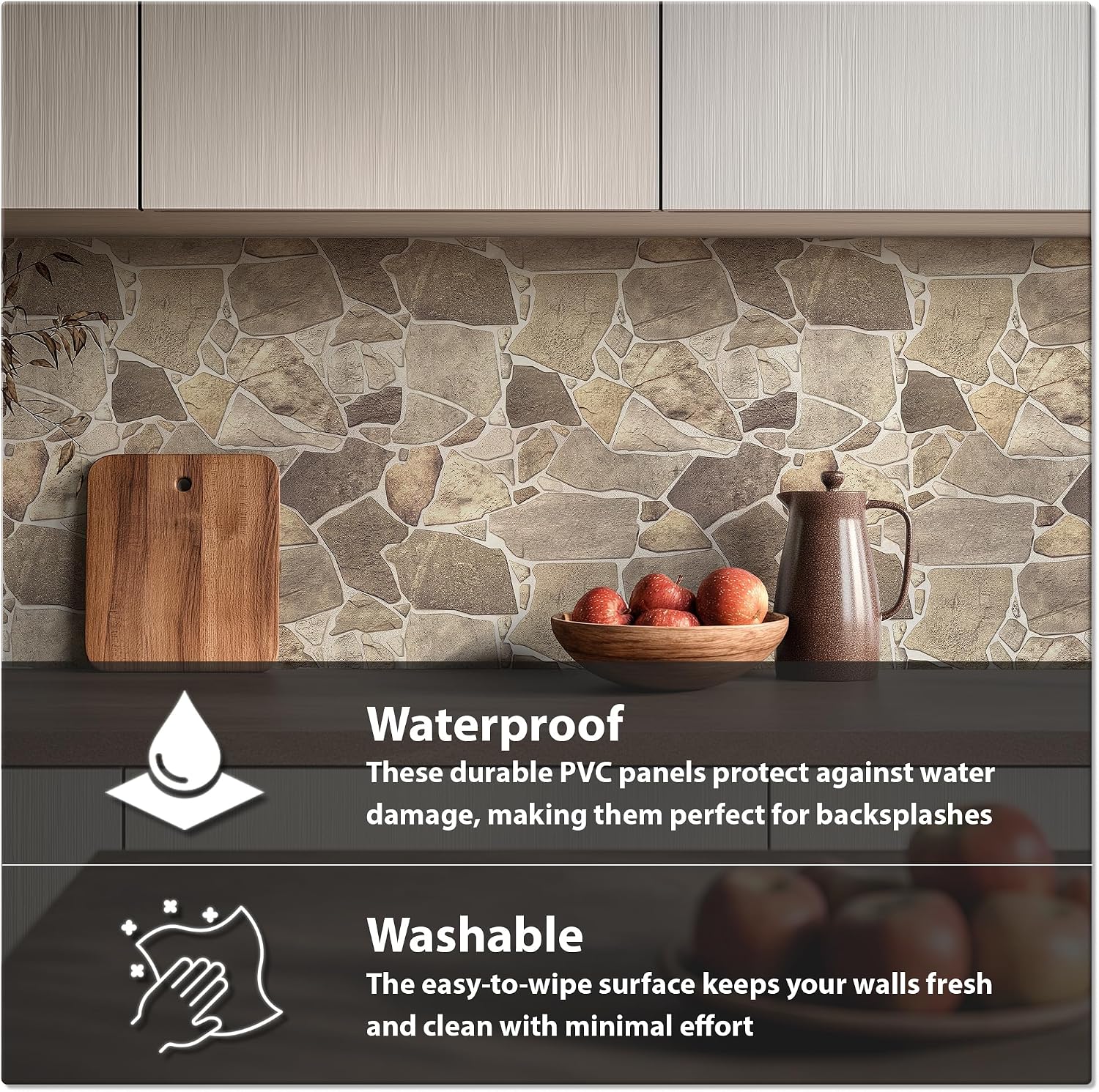 3D Faux Stone Wall Panels, Wild Boulder, Pack of 20, Covers 57.7 Sq Ft | Grey, Beige & Brown, Lightweight PVC, 17.5" x
